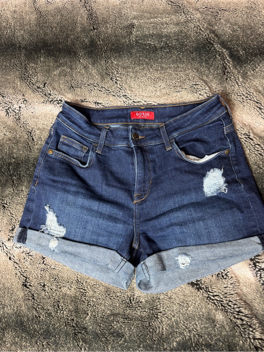 GUESS Dark Blue Distressed Cuffed Denim Shorts